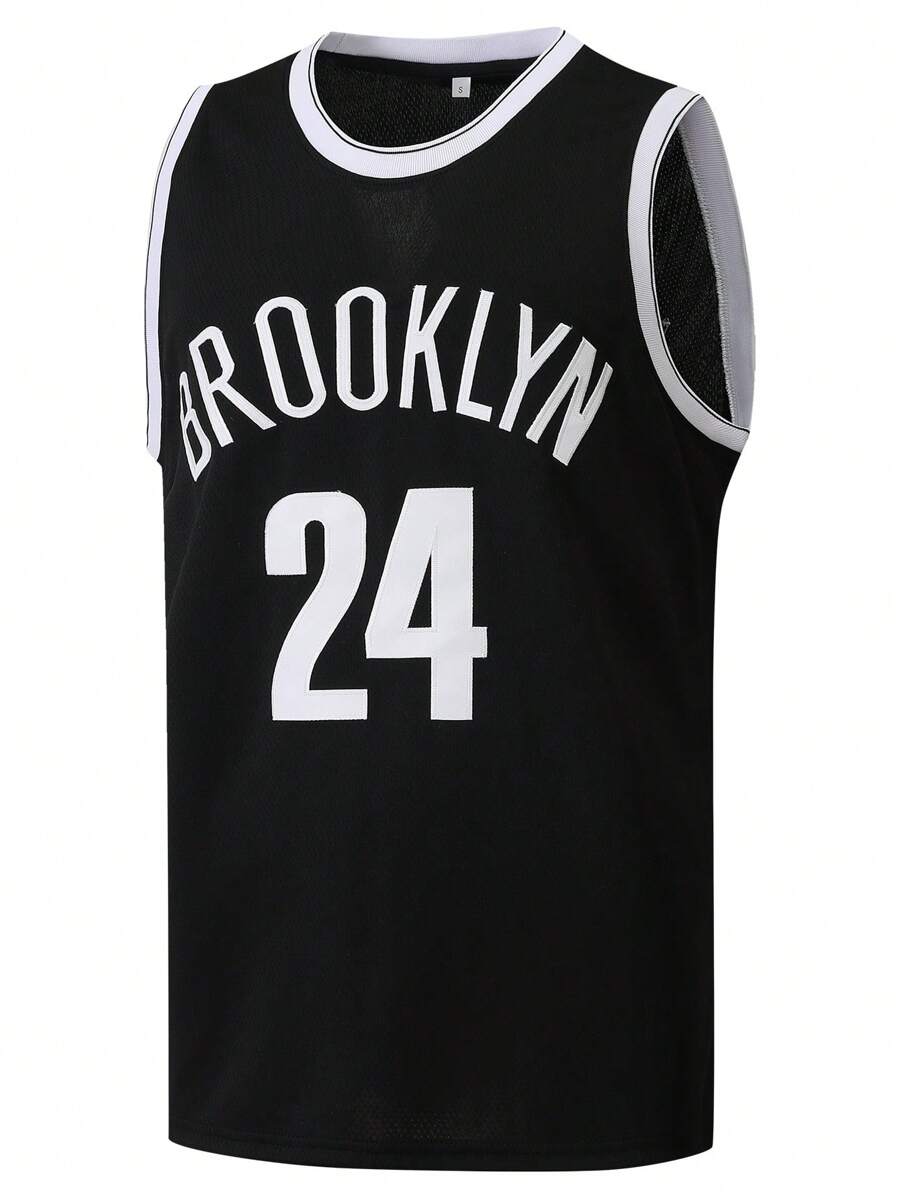 Herren Basketball Trikot im Boyfriend-Stil, Nr. 24, Schwarz, besticktes ärmelloses Sport-Top