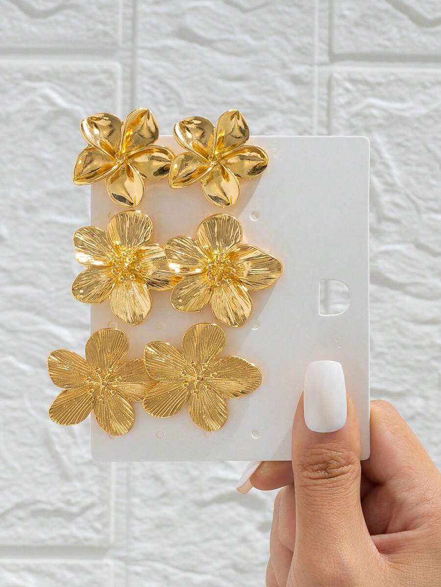 3 Paar retro romantische, filigrane, metallische, strukturierte 3D-Blumen mit 5 Blütenblättern Ohrringesets für Frauen