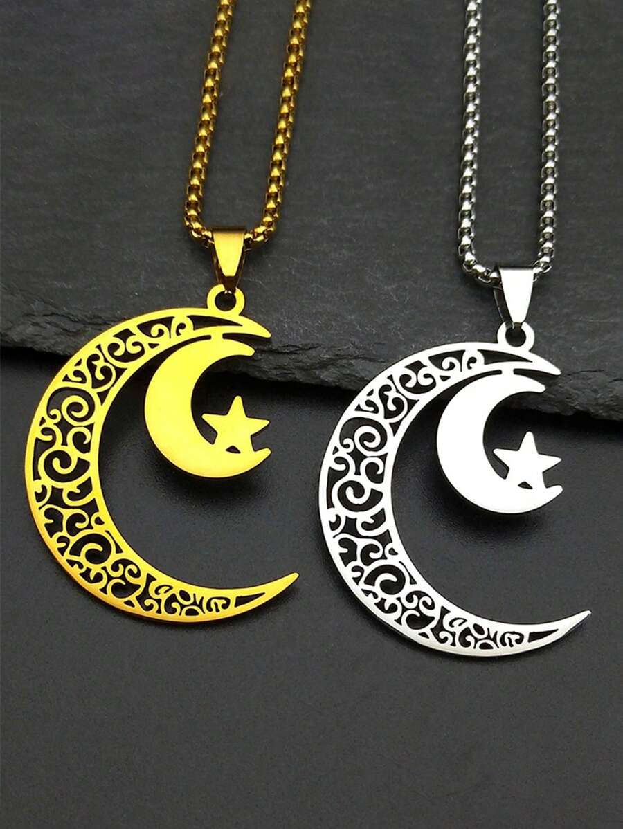 Stainless Steel Hollow Tree Of Life Crescent Moon Pendant Necklace For Women Men Gold Color Moon Star Necklace
