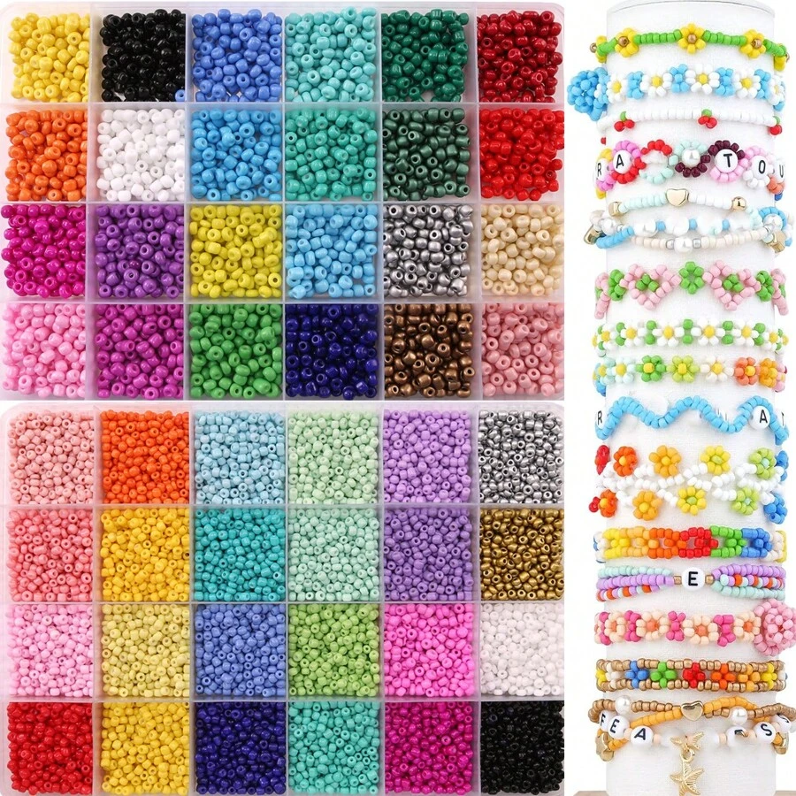 1 caja de cuentas de semilla de laca sólida de 3 mm / 4 mm, 24 colores de cuentas de semilla para hacer pulseras, cuentas para pulseras de la amistad para niñas y adultos, cuentas pequeñas para manualidades de joyería DIY