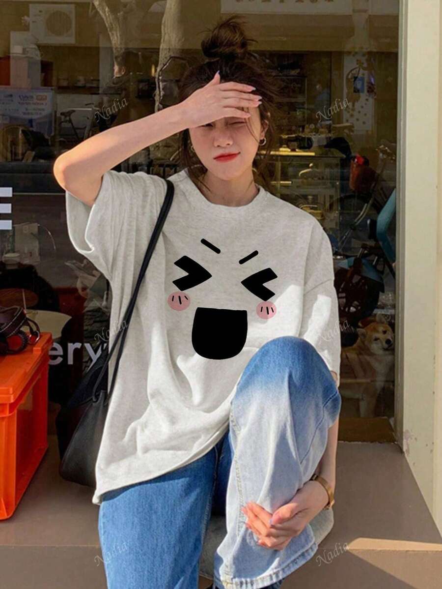 Japanese Style Women's Loose Fit Round Neck Casual Cartoon Smiling Face Printed Short Sleeve T-Shirt, Spring/Summer