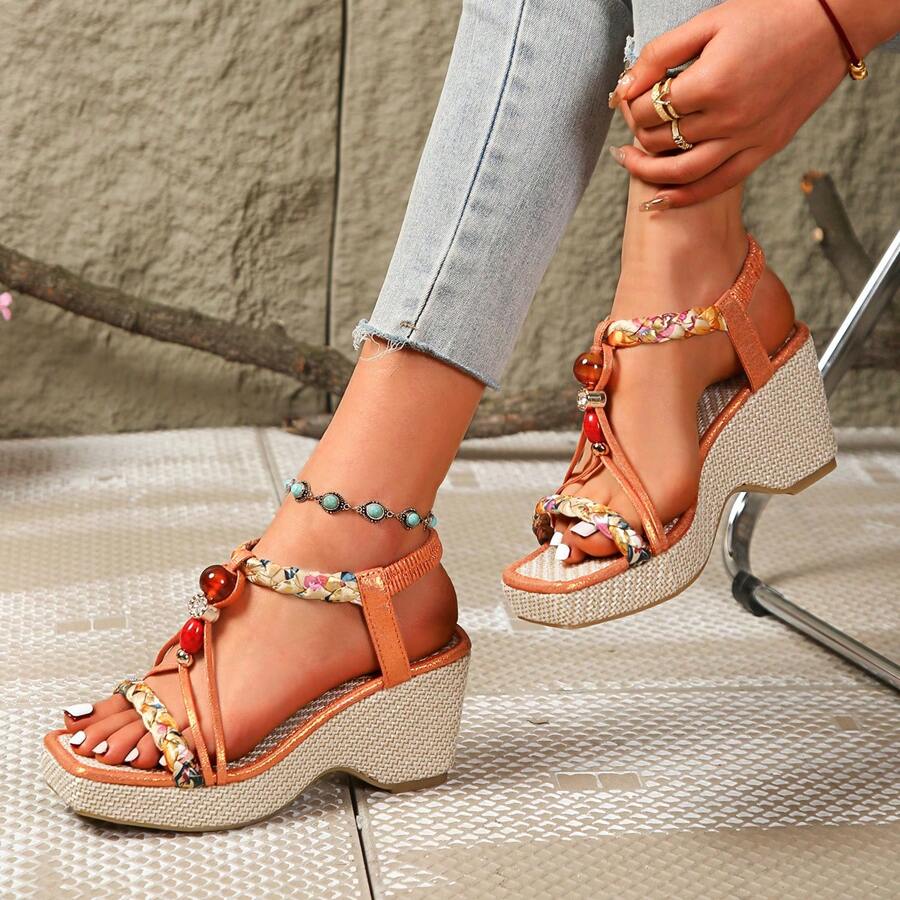 Sandalias de cuña con plataforma y tacón grueso para mujer, sandalias bohemias con cuentas y diseño slip-on