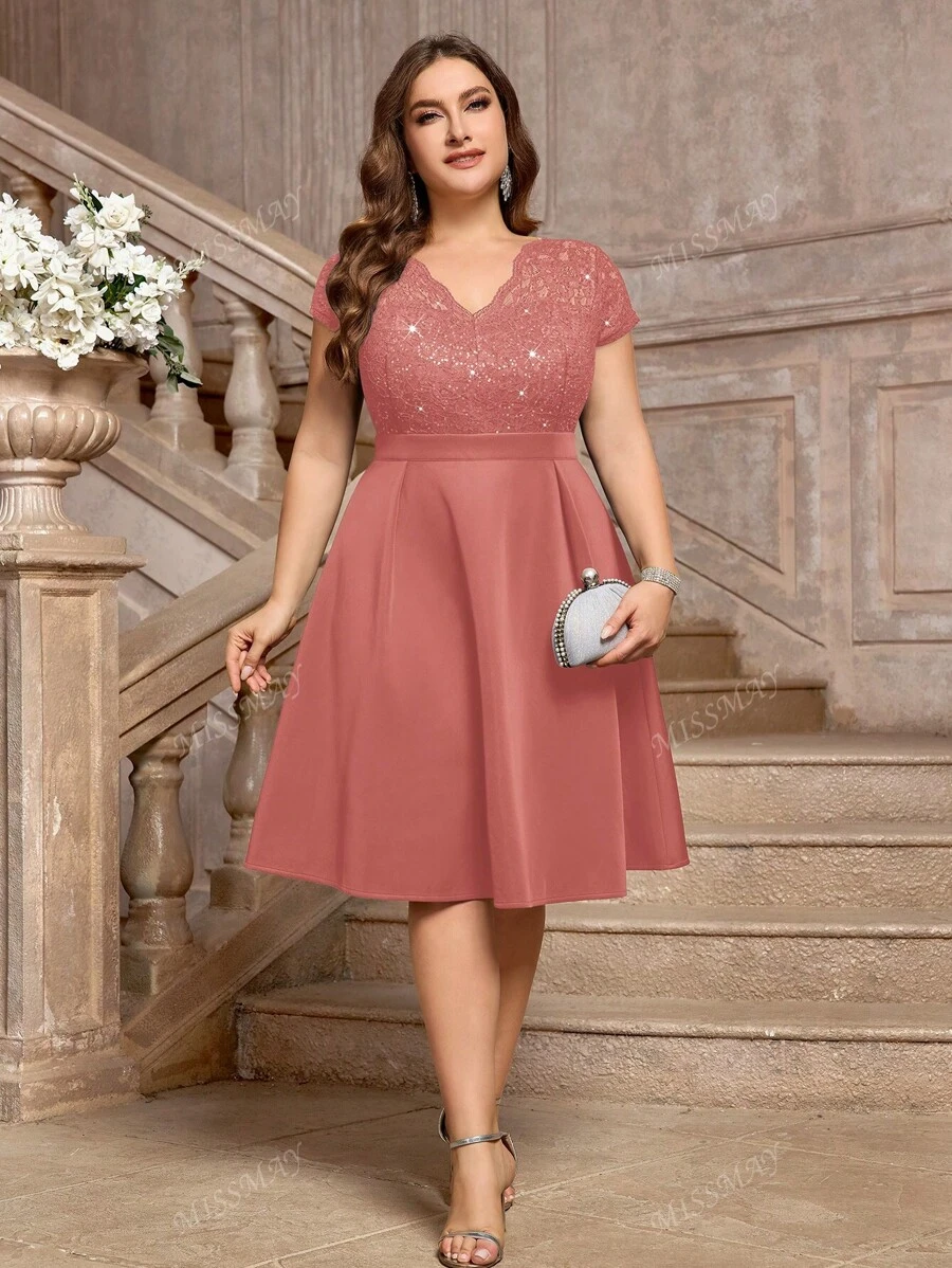 Vestito da cocktail elegante, a scollo a V, con contrasto di paillettes, decorazione floreale in pizzo, a ruota, adatto per feste di promo, feste di laurea, compleanni, e cerimonie