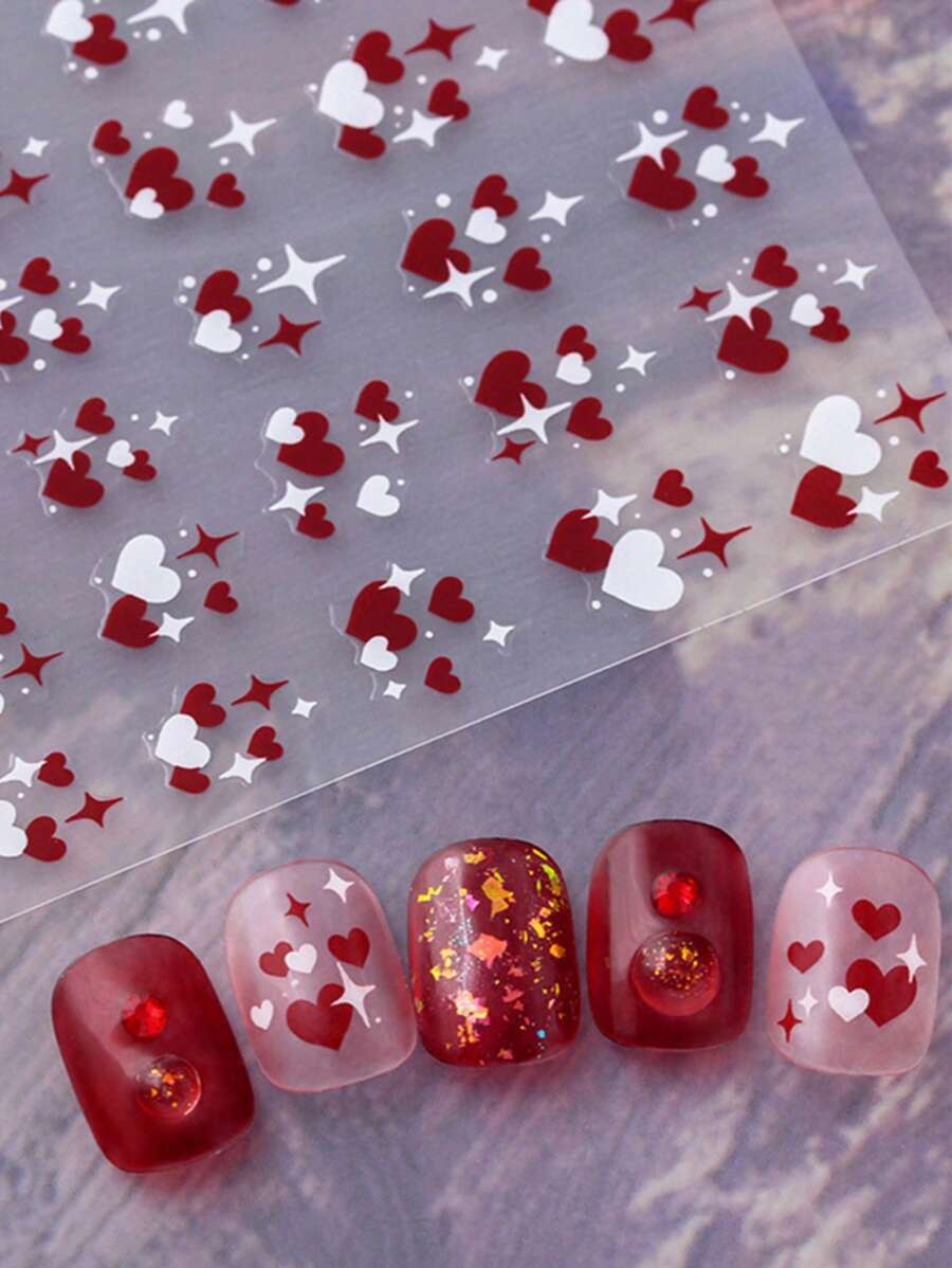 Autocollants d'art pour ongles en forme de cœur rose, décorations pour ongles en forme d'étoile et de cœur blanc et rose