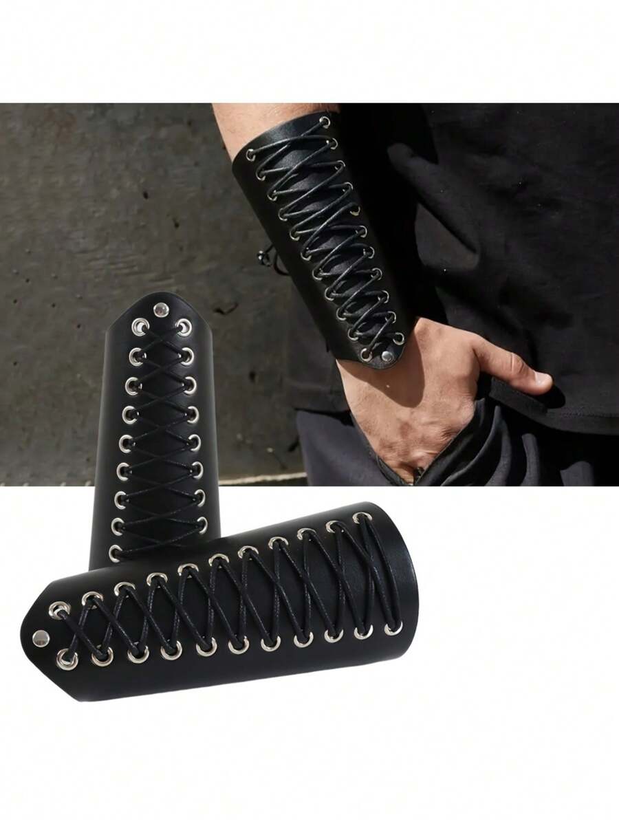 Furealux Apărători de brațe la modă pentru bărbați, cătușe pentru încheietura mâinii din piele PU cu șireturi în stil medieval, nelavabile, accesorii pentru costume de cosplay, războinic viking, spectacol de scenă, Halloween