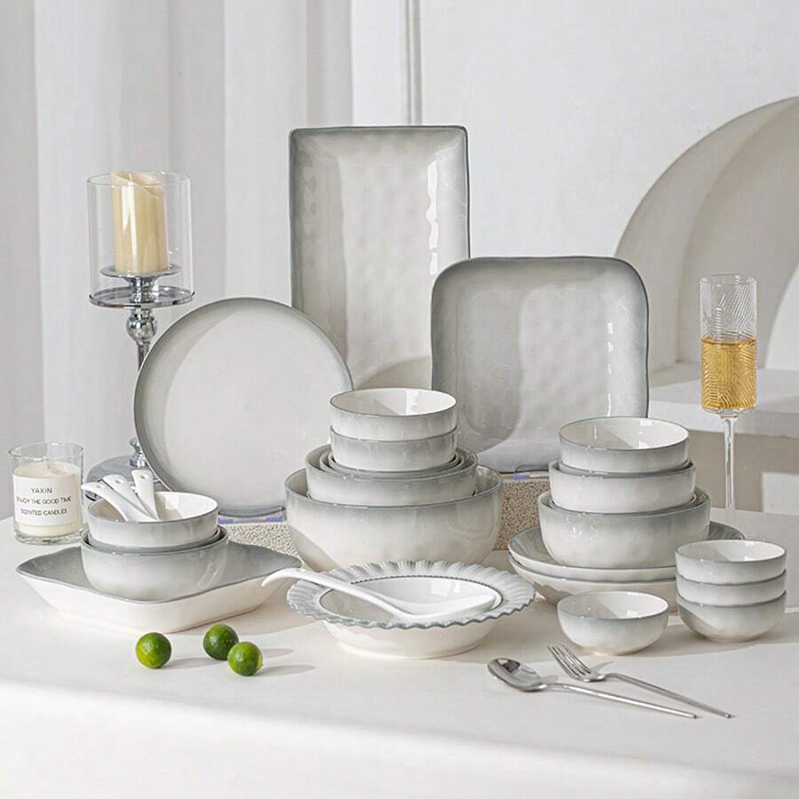 French Style Porcelain Dinnerware Set, Includes Rice Bowl, Dinner Plate, Spoon, Soup Bowl, Chopsticks, 7 Piece Combo Options, Suitable For Serving Rice, Vegetables, Fruit, Salad, Etc. Fits 2-6 People,School Supplies