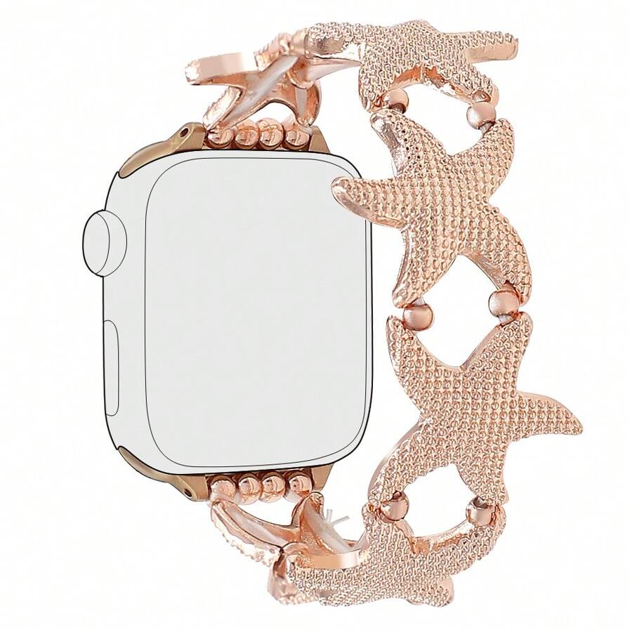 1pc Gold Women's Fashionable&Simple Starfish Zinc Alloy Metal Elastic Bracelet Strap Is Compatible With Apple Watch Band 38/40/41/42/44/45/49mm, Compatible With Apple Watch Ultra2/SE/9/8/7/6/5/4/3/2/1Series, Ocean Style Women Watchbands, Fine Women Fashion Watch Accessories, Smart Watch Strap/Band, Unique Personalized And Style Strap, Valentine's Day Mother's Day Gift