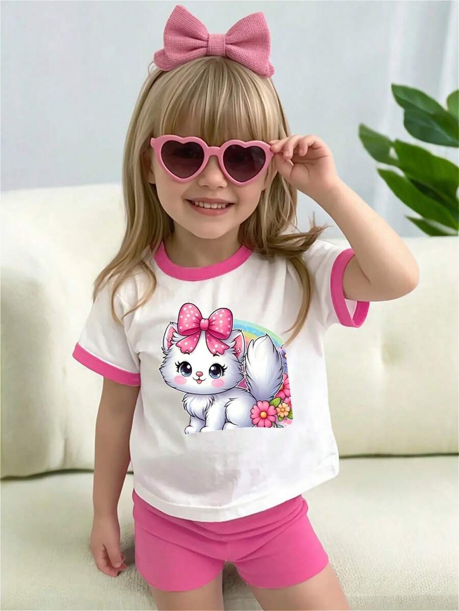 Conjunto de 2 piezas de camiseta de cuello redondo de manga corta y shorts ajustados en color rosa, adecuado para primavera y verano