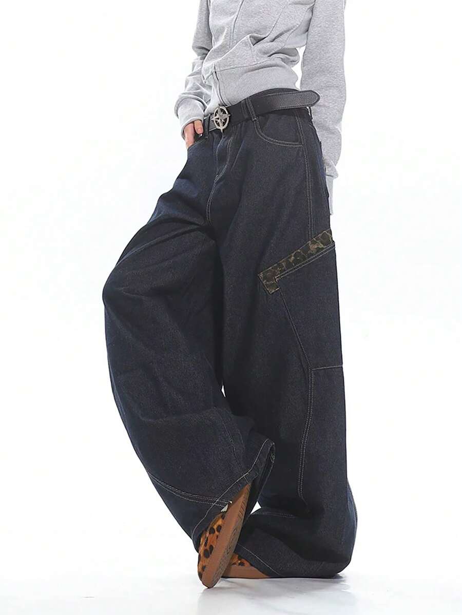 1 pieza Pantalón de mezclilla de carga tipo cargo holgado con parches para hombres, pantalones de cargo estilo calle americana, pierna ancha, de moda y versátil