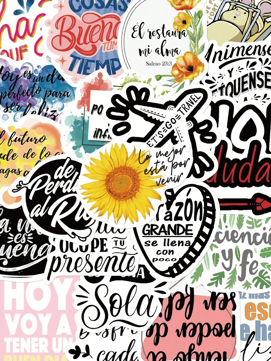 50pcs Pack Spanish Inspirational Stickers For Scrapbooking, Notebook, Phone Case, Guitar, Skateboard, Tablet