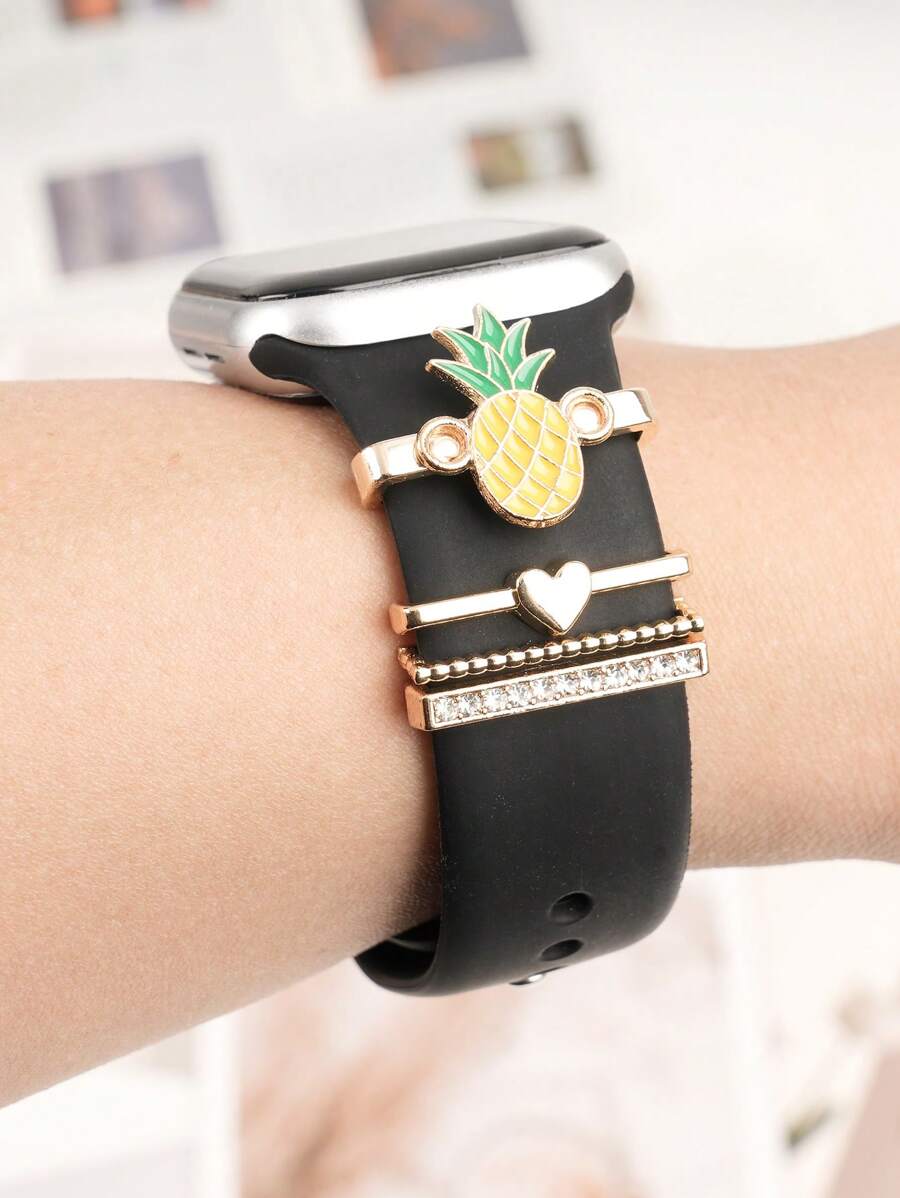Conjunto de 4 pulseiras de relógio de abacaxi com desenho animado, charms de metal com frutas fofas, decorações compatíveis com acessórios de pulseira de relógio da série Watch