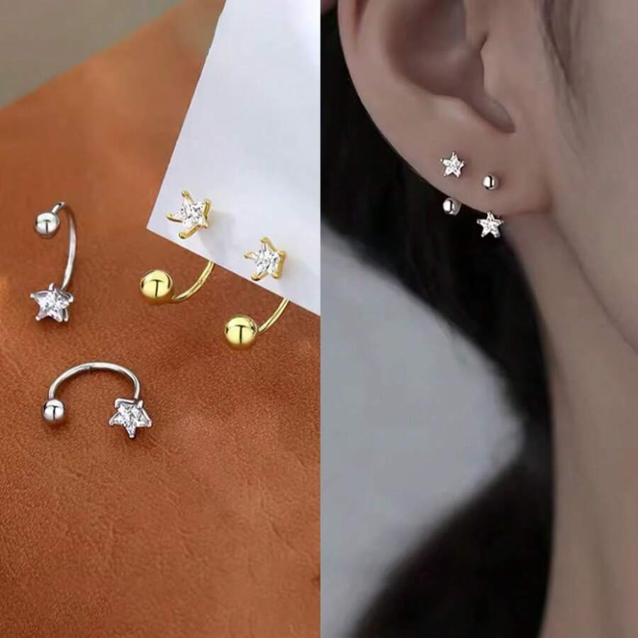 2 piezas Pendientes de tuerca con estrella de aleación de cobre y circonita cúbica, color plateado, para perforación de trago, cartílago y hélice de la oreja de las mujeres