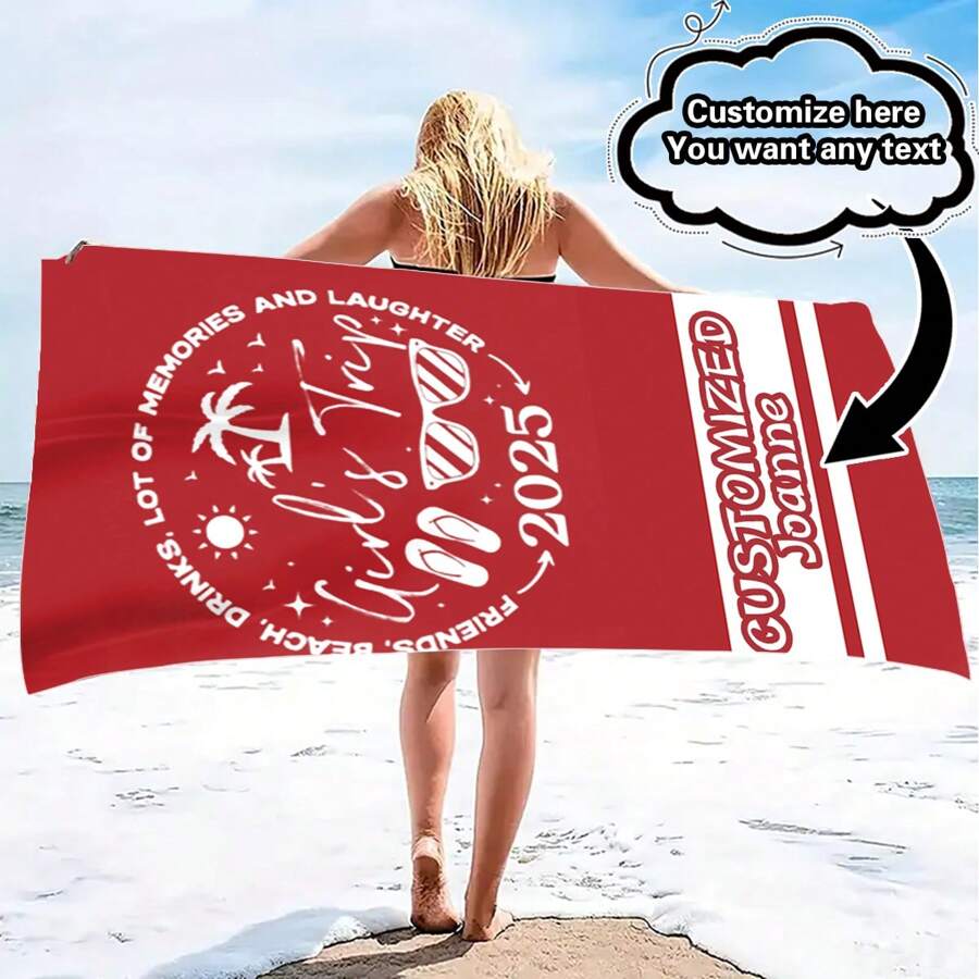 Personalized Girls' Trip Beach Towel - Customizable 2025 Vacation Gift, Any Text, Suitable For Friends, Family And Best Friends - Red With White Print, Fade Resistant Microfiber, Square, Ideal For Beach Vacations And Pool Side Activities, Travel Accessories | Retro Style | Microfiber Fabric, Beach Accessories Summer Holiday Bathroom Decor Beach Essentials