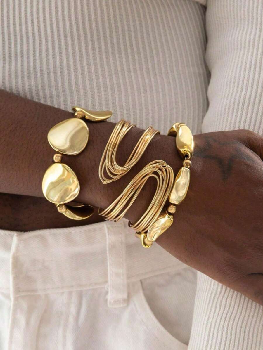 3-teiliges Set mit stilvoller, übertriebener asymmetrischer geometrischer Metall-Perlen-Schmuck-Armband- und Armreif-Kombination, ideal für Männer und Frauen zum Tragen bei Partys und anderen Anlässen.