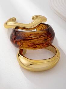 Set de 3 brazaletes anchos para mujer, brazaletes anchos y exagerados de color marrón, joyería de diseño básico para uso diario, pulsera apilable de resina