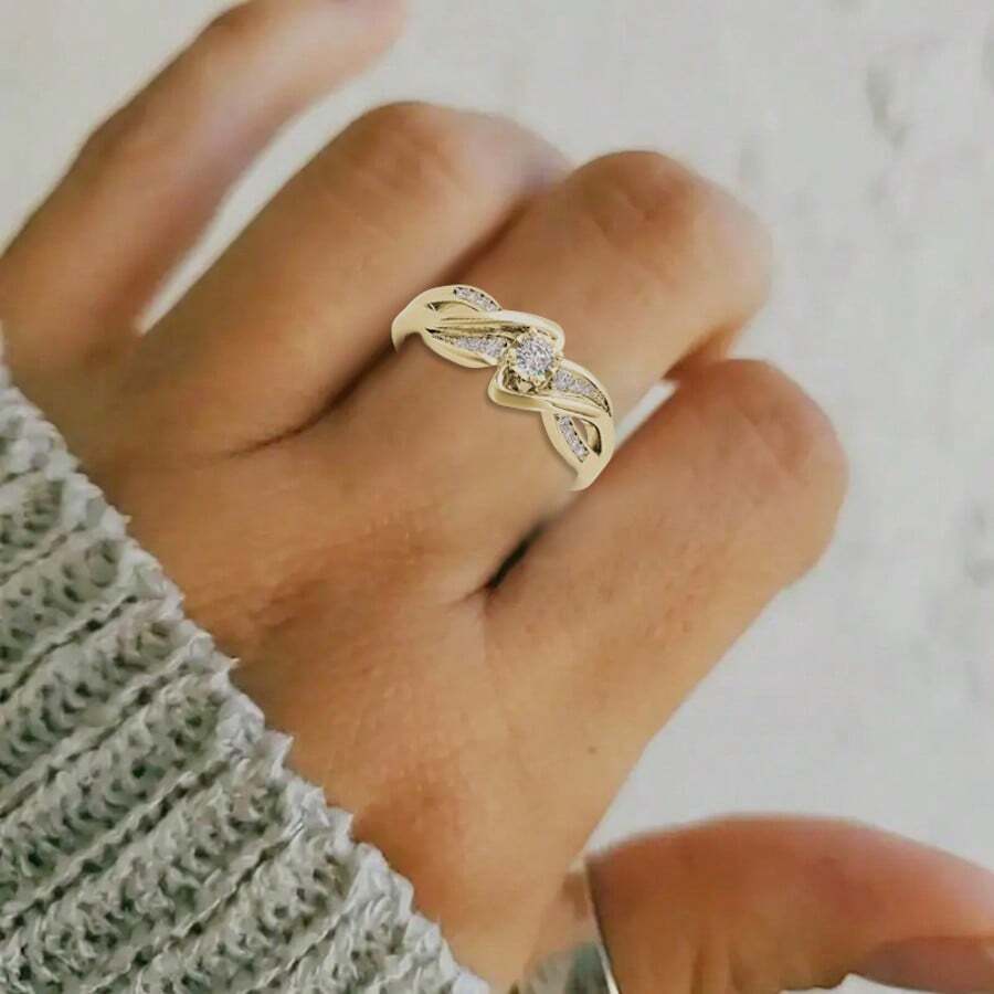 1 pieza Anillo chapado en oro de 14K con zirconia cúbica simulada, adecuado para compromiso, boda, fiesta y ocasiones especiales, apilable, 2 opciones de color