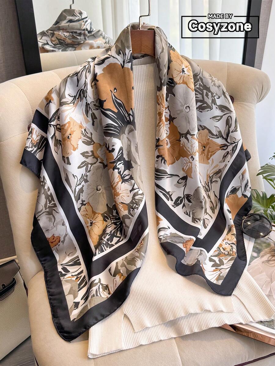 1 buc. Eșarfă bandană elegantă cu imprimeu floral, 90 cm, pentru femei, potrivită pentru ținute casual, la modă, cu bandă pentru cap, cu bandă pentru gât, șal rezistent la vânt și protecție UV pentru a completa aspectul exterior.