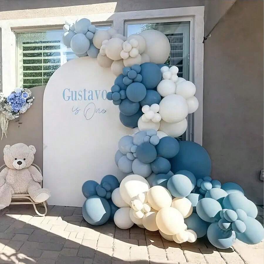 125 Peças Conjunto de Arco Decorativo com Balões de Látex Brancos e Areia Azul para Aniversário, Casamento, Aniversário, Comemoração, Formatura, Festa, Decoração de Casa