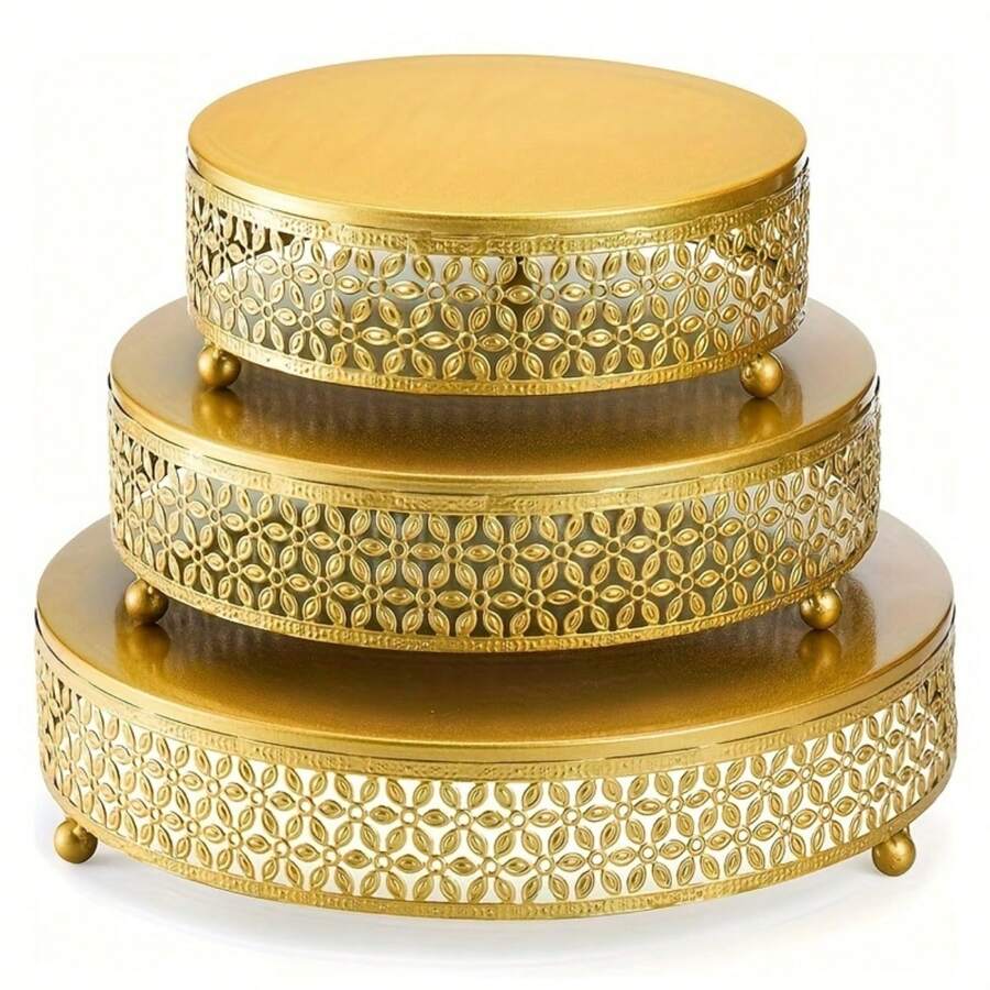 1pcsWrought Iron Decorative Cake Stand, Round Metal Cake Stand Dessert Display Stand, Wedding Birthday Party Celebration Dessert Cake Display Plate - Gold