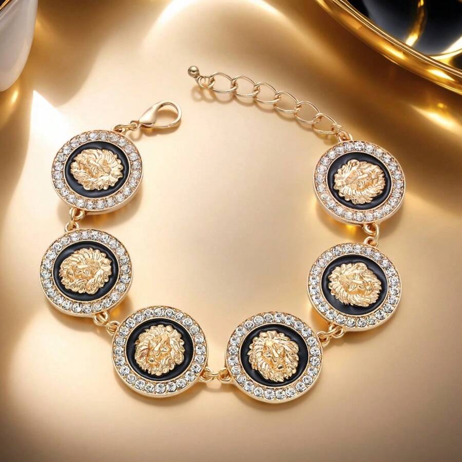 6-Piece Lion Head Enamel Chain Cuff Bracelet - Gold Plated Bold Link For Women Street Style