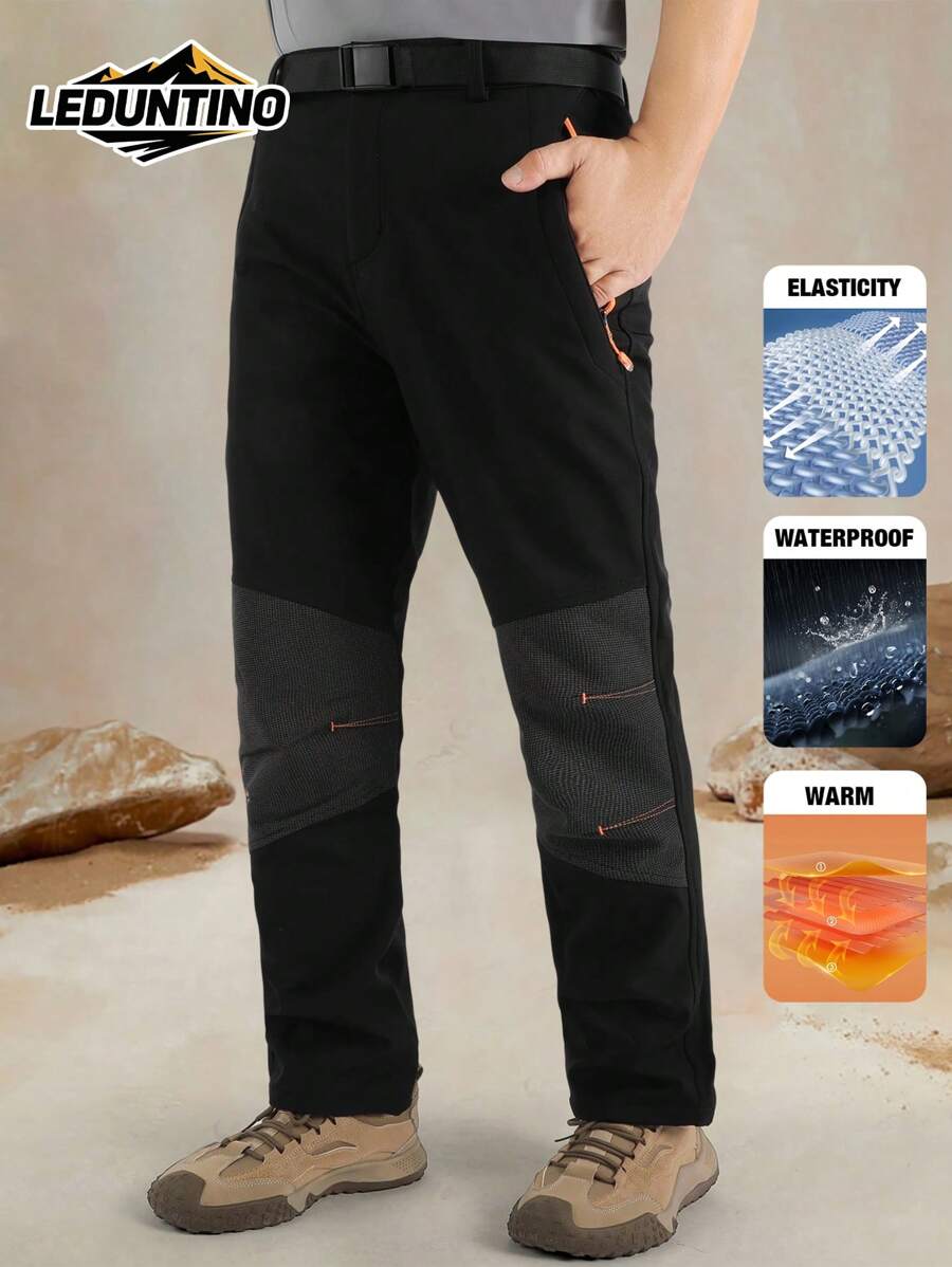 LEDUNTINO Calças de lã grossas casuais com zíper da moda masculina, esportivas, sólidas, com elasticidade, presente para namorado, calças quentes à prova de vento para inverno e outono, à prova d'água, emendadas, calças de acampamento, primavera e outono, calças masculinas