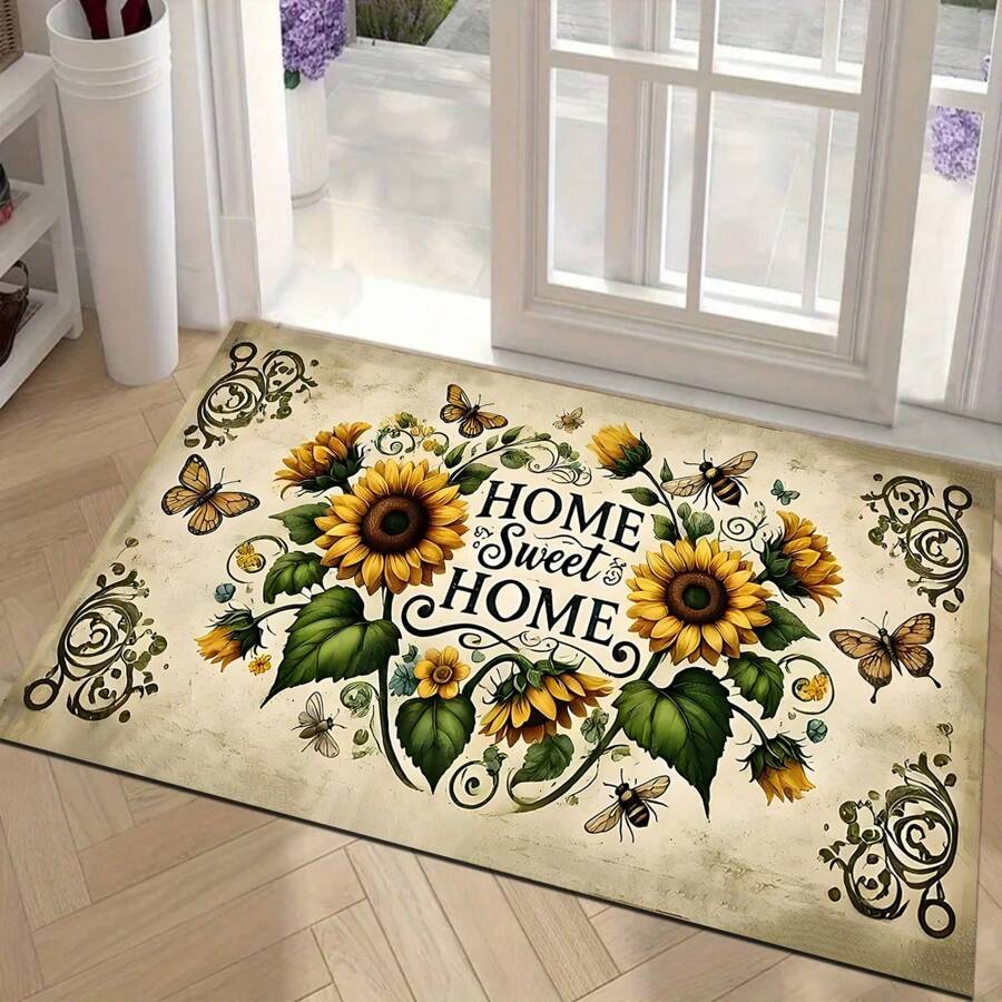 1pc Home Decor, Farmhouse Sunflower And Bee Print Floor Mat, Suitable As Drying Mat, Coaster For Entryway, Living Room, Bedroom, Bathroom, Kitchen And Laundry Room, Machine Washable, Spring Decor