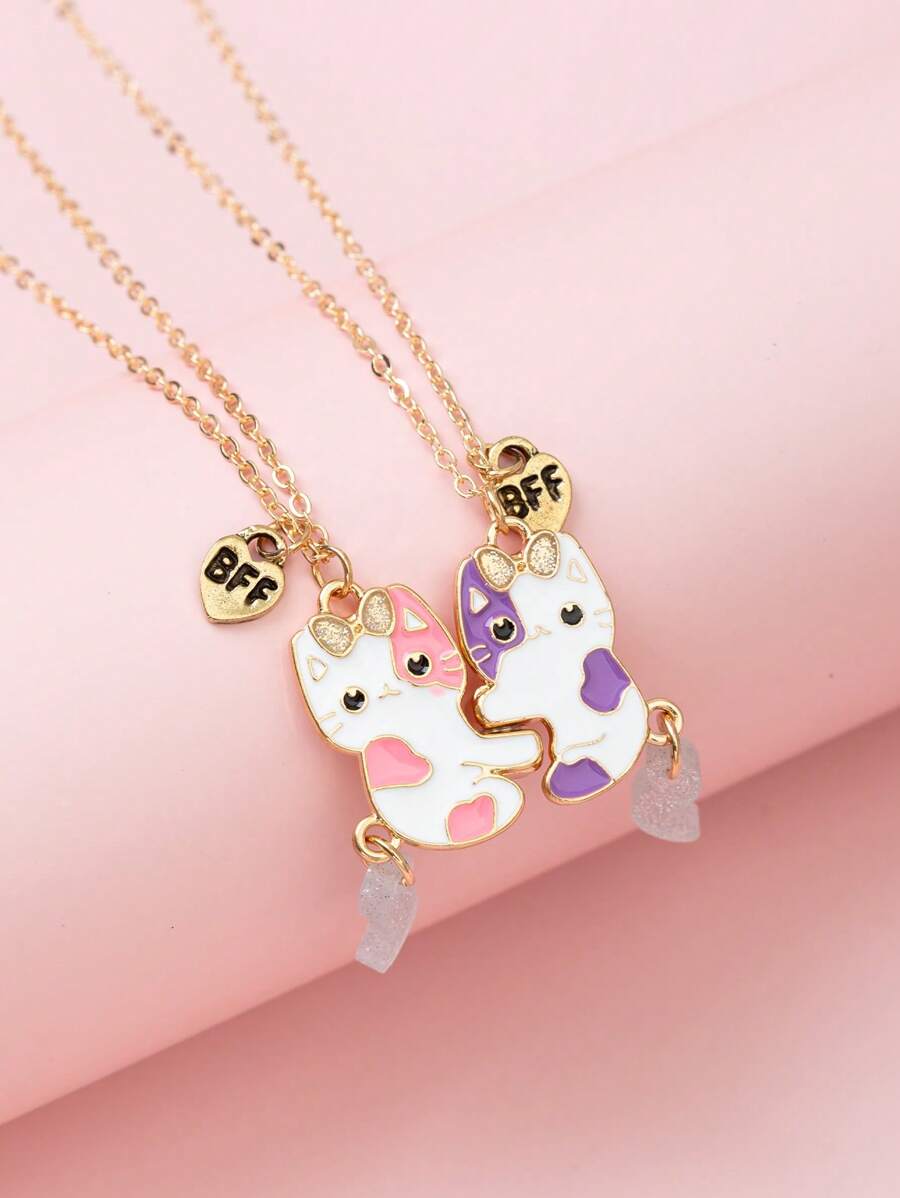 Set de 2 collares con colgante de gata con cola móvil y gota de aceite "Mejores amigos por siempre", regalo perfecto para un amigo