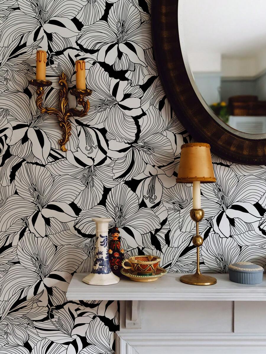 Lily Flower Plant Printed Home Decor Wallpaper, Simple Line Design Floral Leaf Self-Adhesive Waterproof Oil-Proof Wallpaper For Indoor Furniture Cabinet DIY Decoration
