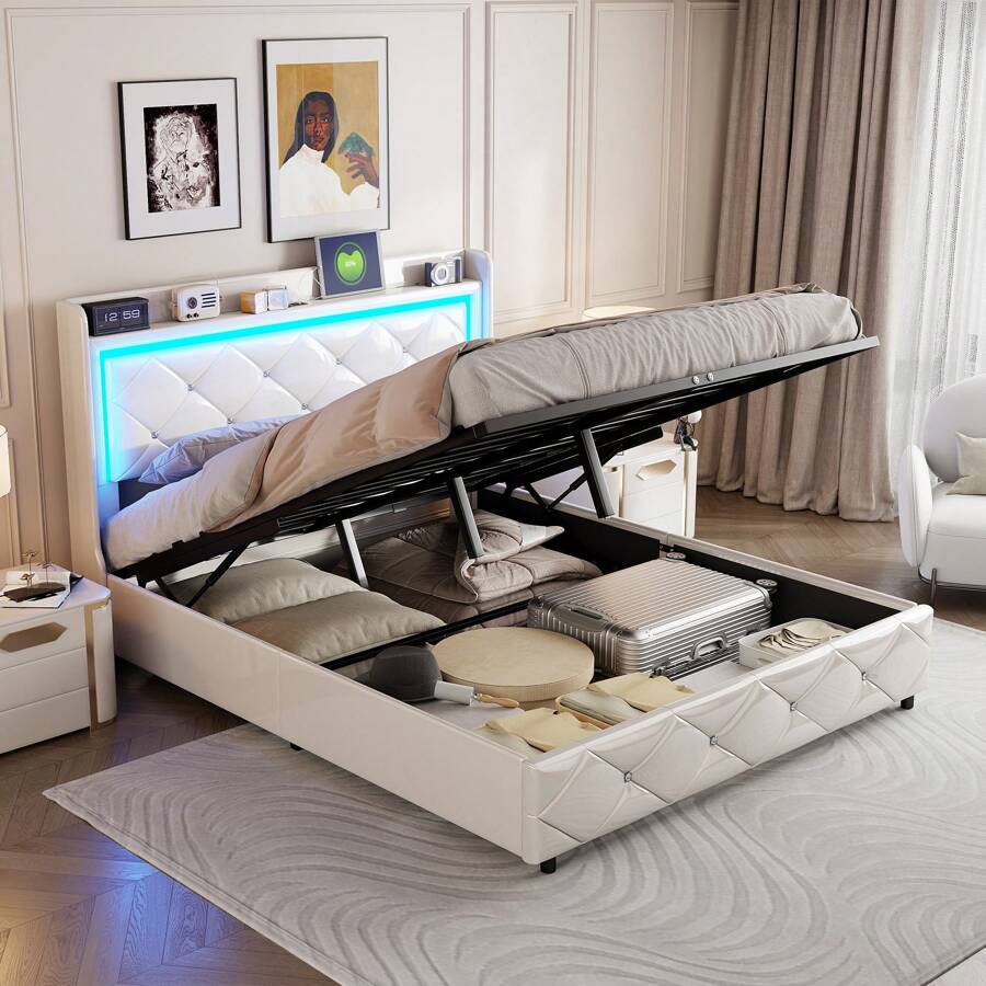 Cama tapizada de 140 x 200 cm/160 x 200 cm, con función de carga y ambiente de mesita de noche, con almacenamiento de palanca de aire, con cabecero, cabecero con diseño de tirador de cristal, blanco, muebles, estructura de cama con cabecero, muebles de dormitorio, sin colchón