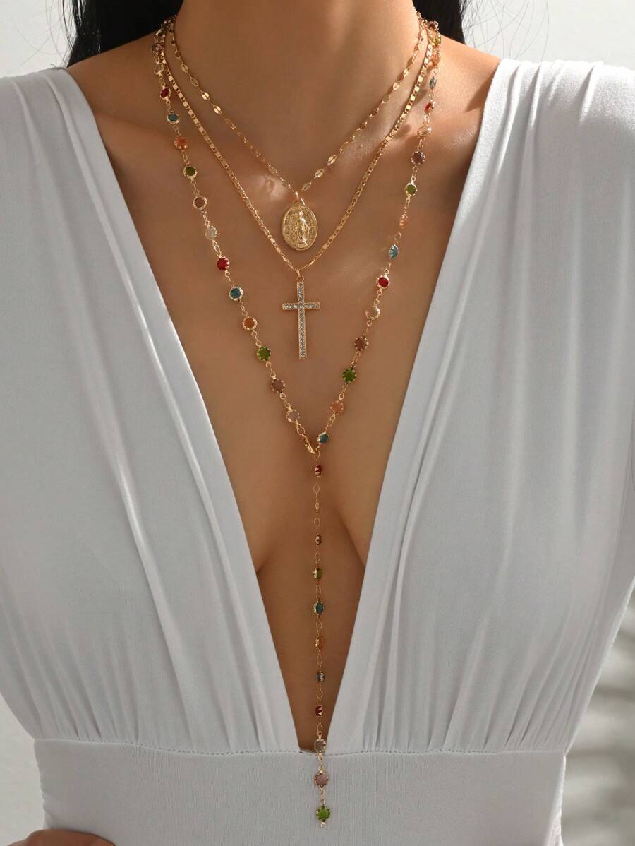3 peças/Conjunto Colar Vintage Religioso com Pingente de Cruz de Jesus, Colar com Contas de Cristal Colorido, Joias da Moda Adequadas para Uso Diário, Rua, Fotografia, Páscoa, Corrente Ajustável Feita à Mão, Arranjo Aleatório de Cores de Cristal