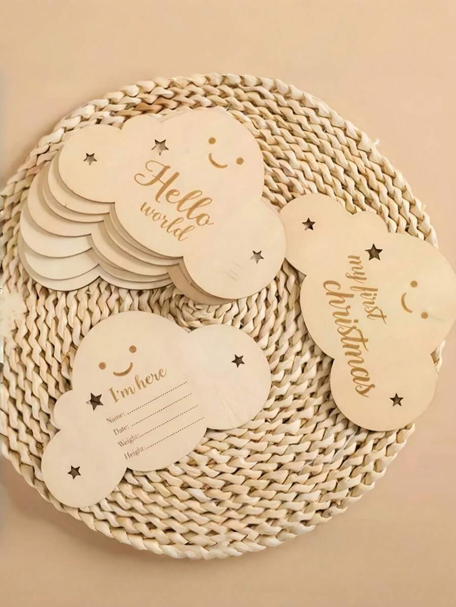1 set Marcador de hitos de madera en forma de nube para bebés de 1 a 12 meses, accesorio para registro del crecimiento del bebé para fotografía, de doble cara con colgador, decoración y regalos para baby shower y Pascua, para niñas/niños