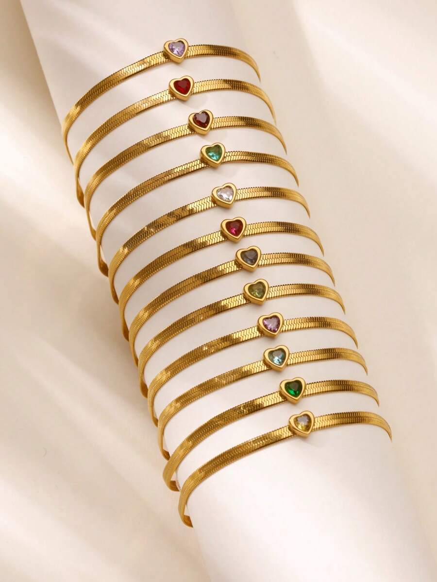 1 Peça Elegante Pulseira de Corrente de Cobra com Coração de Zircônia para Mulheres, Pulseira de Aço Inoxidável À Prova d'Água, Joias, Presentes de Aniversário e Casamento