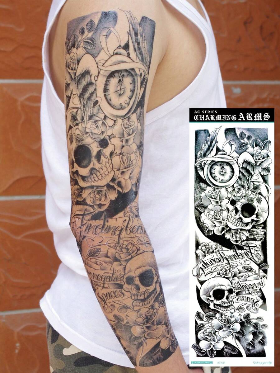 1pc Skull Pattern Full Arm Temporary Tattoo, Waterproof Realistic Body Art Tattoo Sticker For Men & Women
