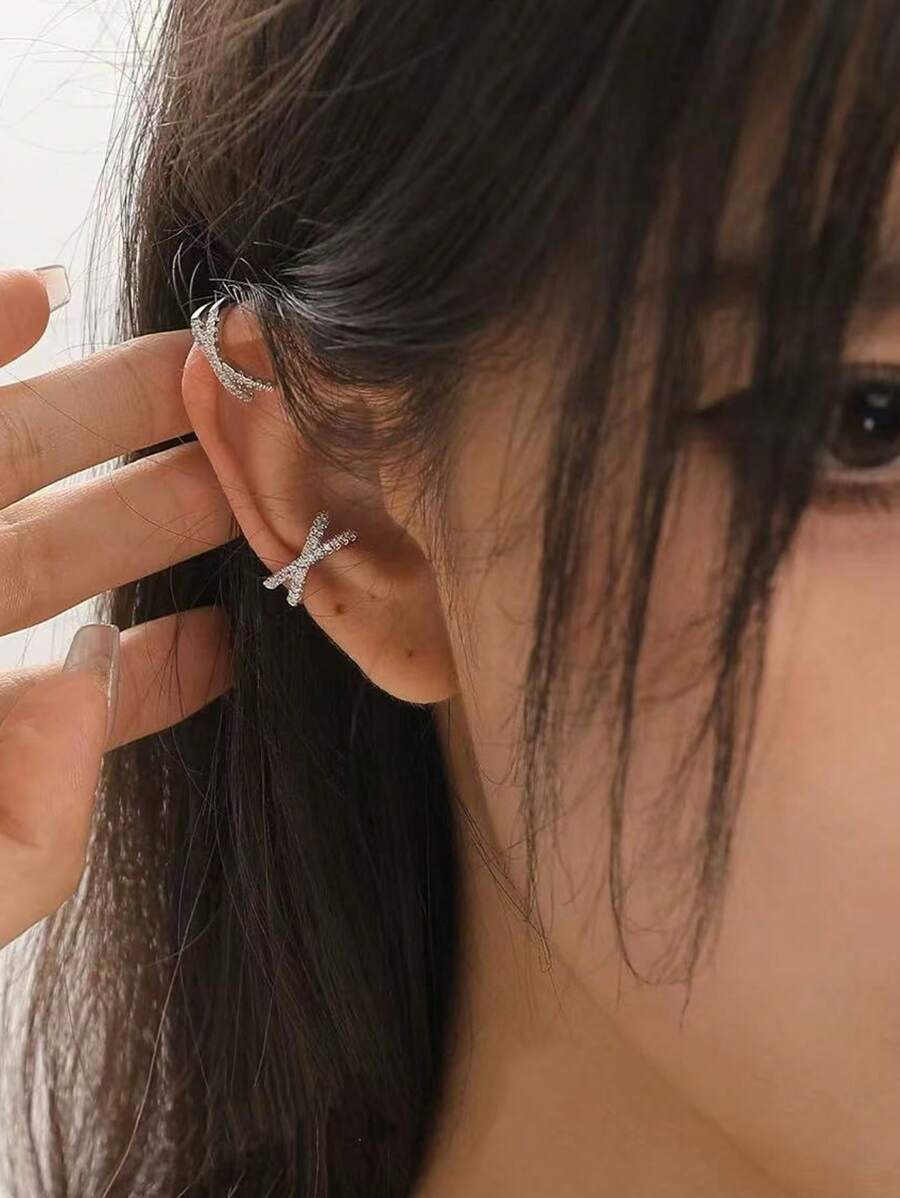 1pc Luxury Geometric Crossover Rhinestone Earring Cuff, Delicate Elegant Clip-On Earrings For Women, Suitable For Daily Wear