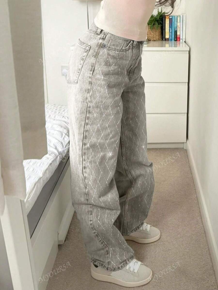 MYOURSA Sparkly Rhinestone Y2k Vintage Loose Fit Wide Leg Jeans Light Grey