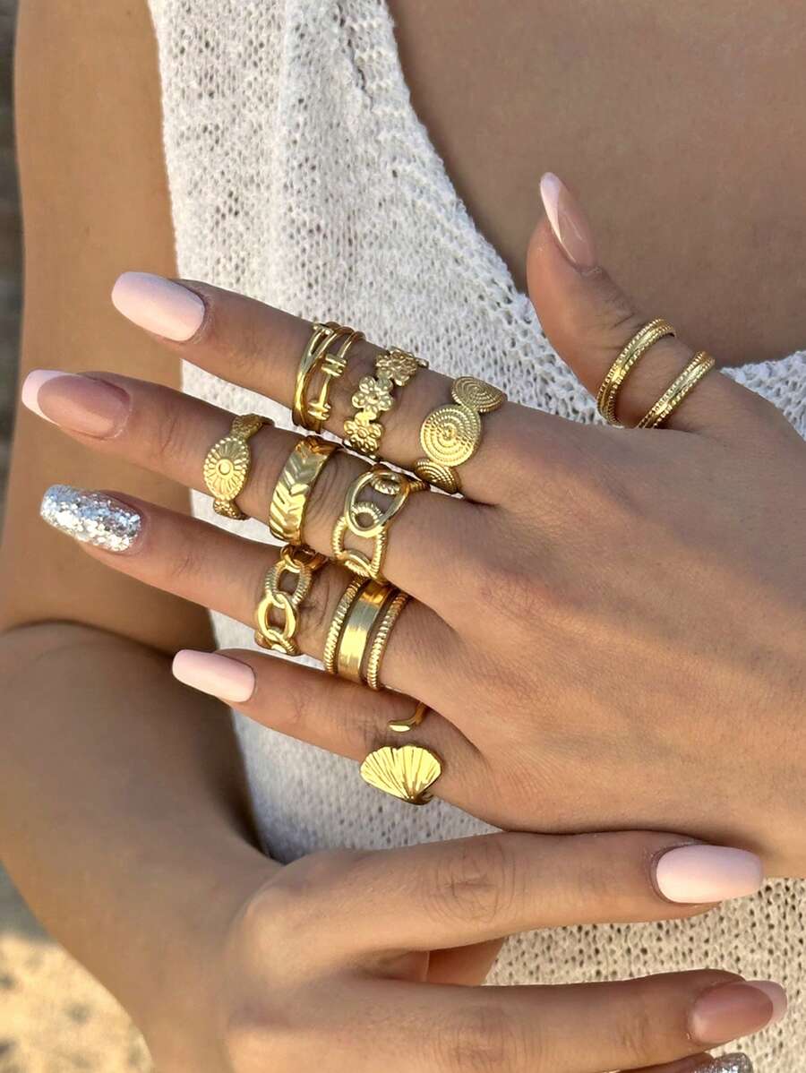10er Set Edelstahl Ringe mit 18K Vergoldung, überspitzt, Hip-Hop Mode, rundes Design, verstellbar