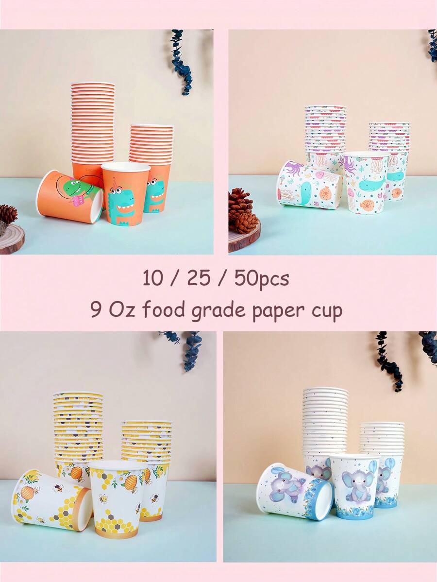 10/25/50 Pieces, 9-Ounce Cartoon Animal Themed Paper Cup Party Supplies, Disposable Party Paper Cups. Suitable For Multiple Use, Picnic Supplies, Birthday Parties, Camping, Decoration, And Celebration Events. Party Gifts, Bridal Showers, Restaurant Decorations, Kitchen Utensils, Parties, Dinosaurs, Whales, Bees, Elephants