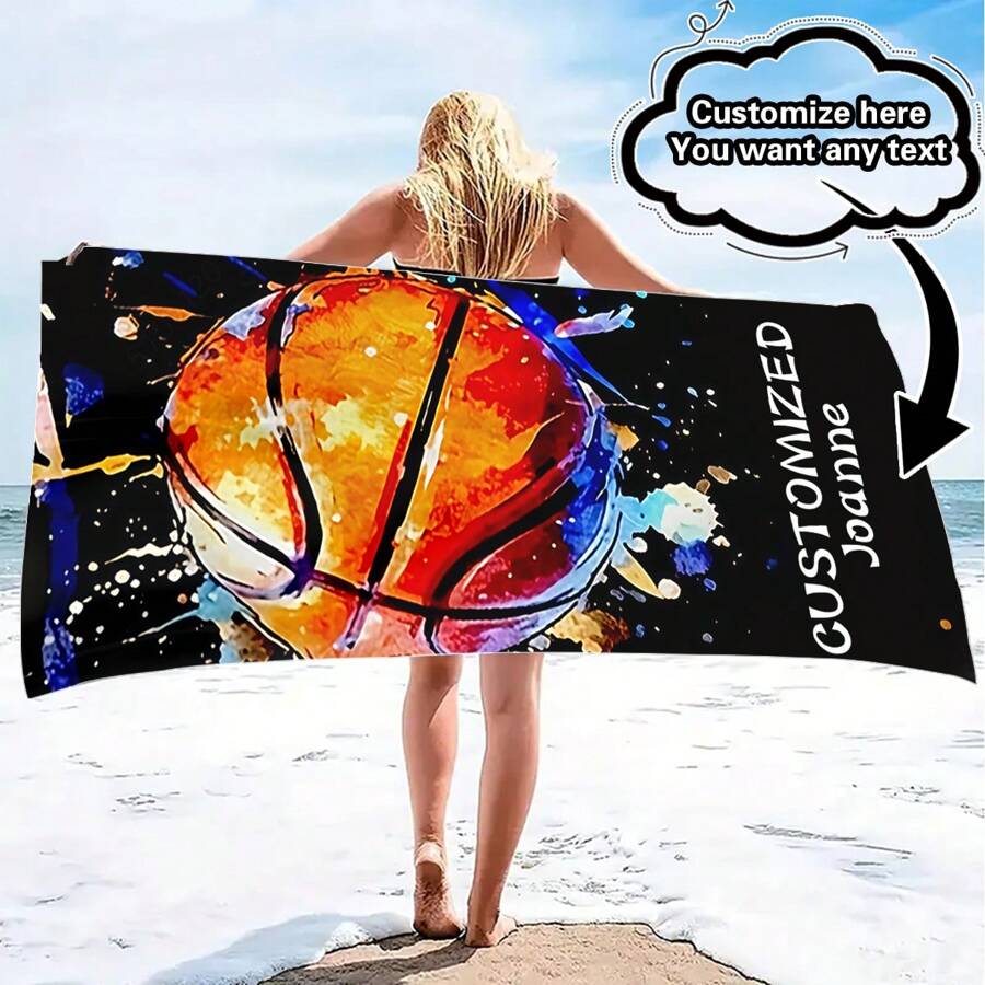 1 Pc Customized Basketball Beach Towel - Soft Tropical Design, Personalized With Name Or Any Text, Suitable For Beach, Gym Or Home Use, Ideal Sport Fan Holiday Gift, Personalized Beach Towel Summer Bathroom Decor Travel Essentials Travel Accessories Beach Essentials