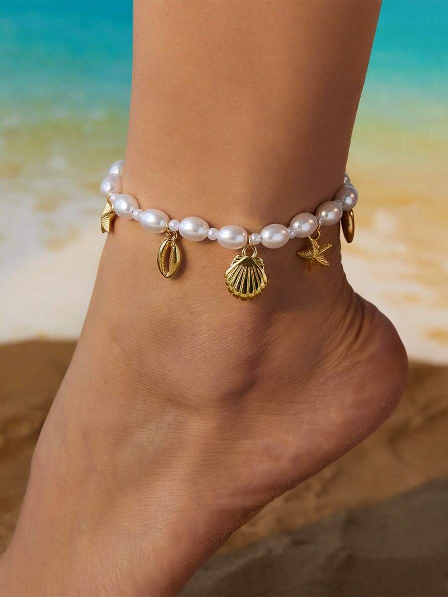 1pc Bohemian Style Ocean Life Faux Pearl Pendant Ankle Chain, Versatile Style, Suitable For Daily, Party, Gathering, Beach Vacation, Perfect Gift For Men And Women