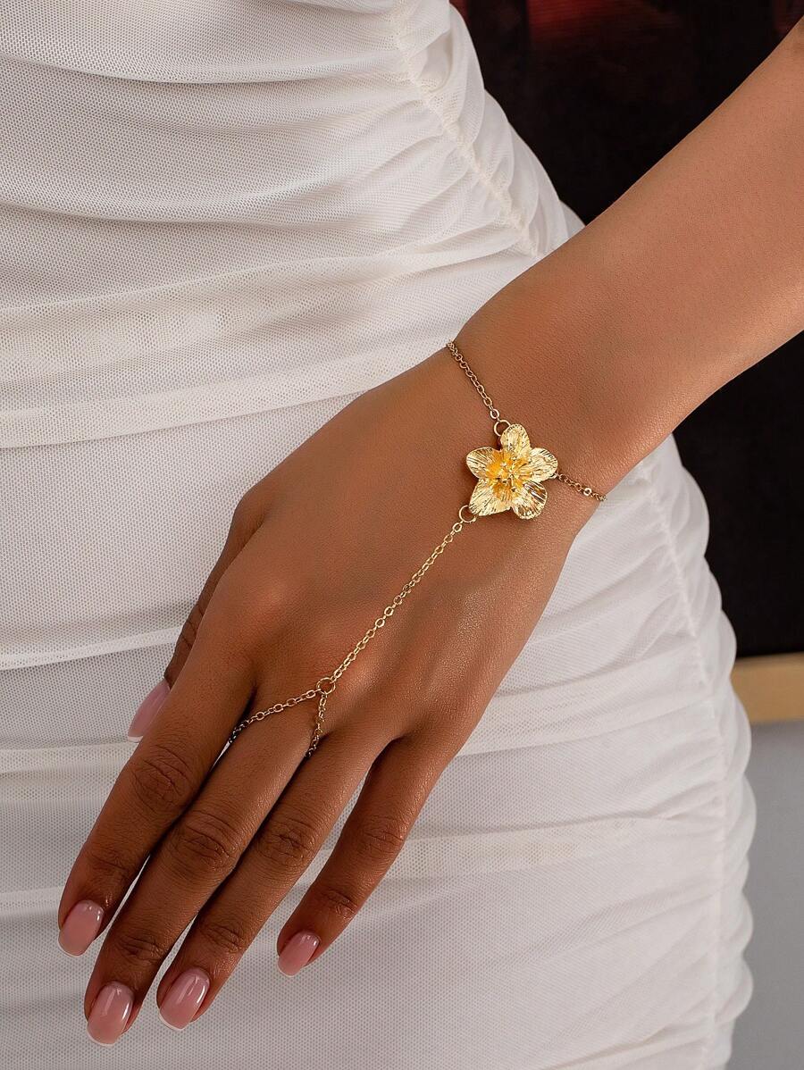 1 peça elegante corrente de dedo com design de flor plissada metálica, joia versátil para festa, evento, acessório de roupa