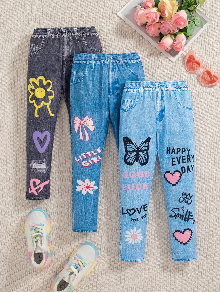 3pcs Girls Denim Effect Print Fitted Pants Set