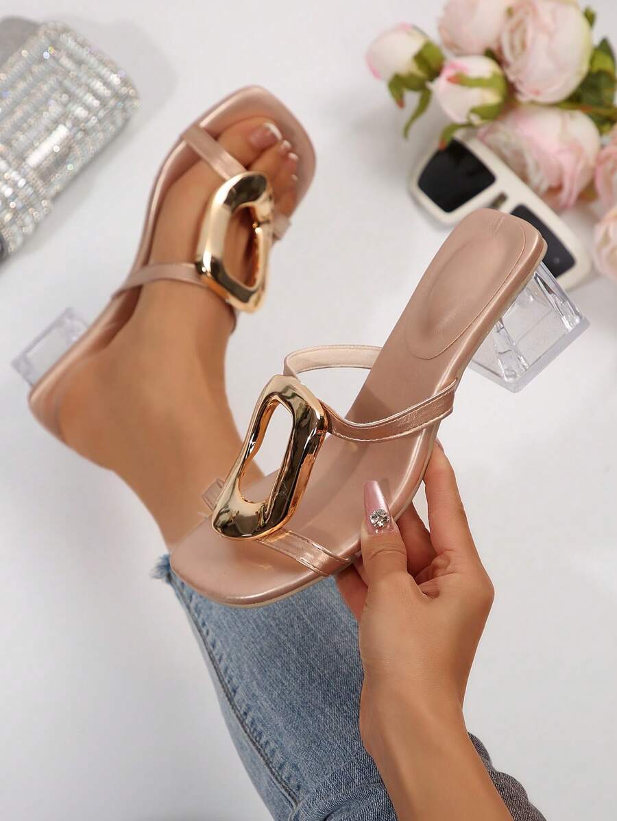 Transparent Chunky Heel With Decorative Metallic Accent, New Women's Fashion Versatile Holiday Party Rose Gold Summer High Heel Sandals