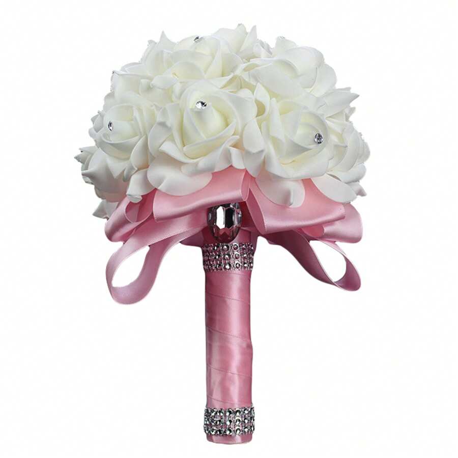 1PC Artificial Bridal Bouquet Simulation Flowers, In The Elaborately Crafted Wedding Scene By Hand, The Bride Gently Holds The Gorgeous Bouquet In Her Hand, While The Bridesmaids Hold Elegant Bouquets Decorated With Ribbons, Jointly Adding Warmth And Beau
