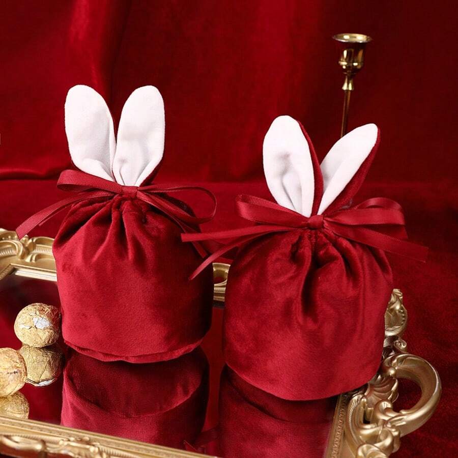 5pcs Velvet Tassel Drawstring Pouches With Cute Rabbit Ears, Wedding Candy Bags, Marriage Ceremony Favor Bags, Little Gift Bags With Ribbons