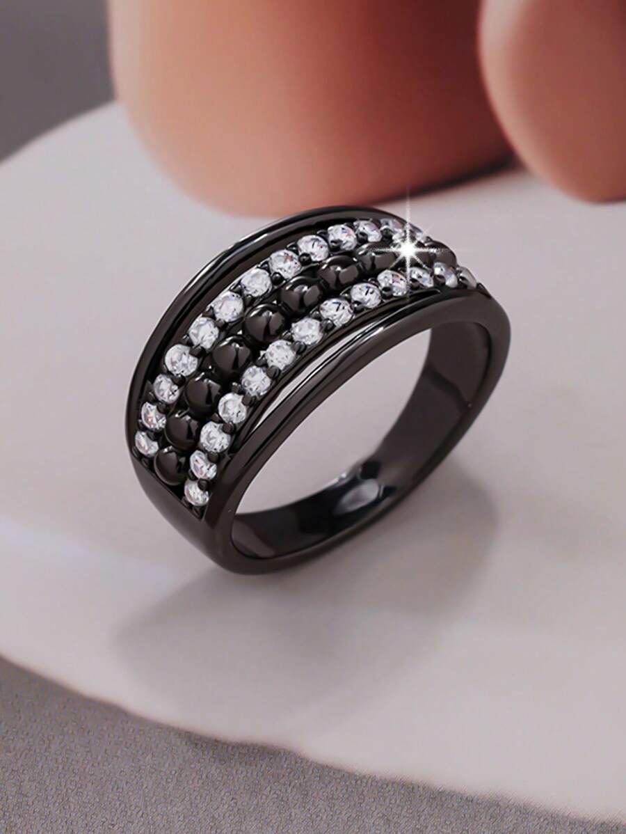 1pc Luxury Elegant Sparkling Wide Double Row Round White Zirconia Stone Ring, Suitable For Women As Gift For Valentine's Day, Date, Proposal, Wedding, Anniversary, Casual Daily Decoration