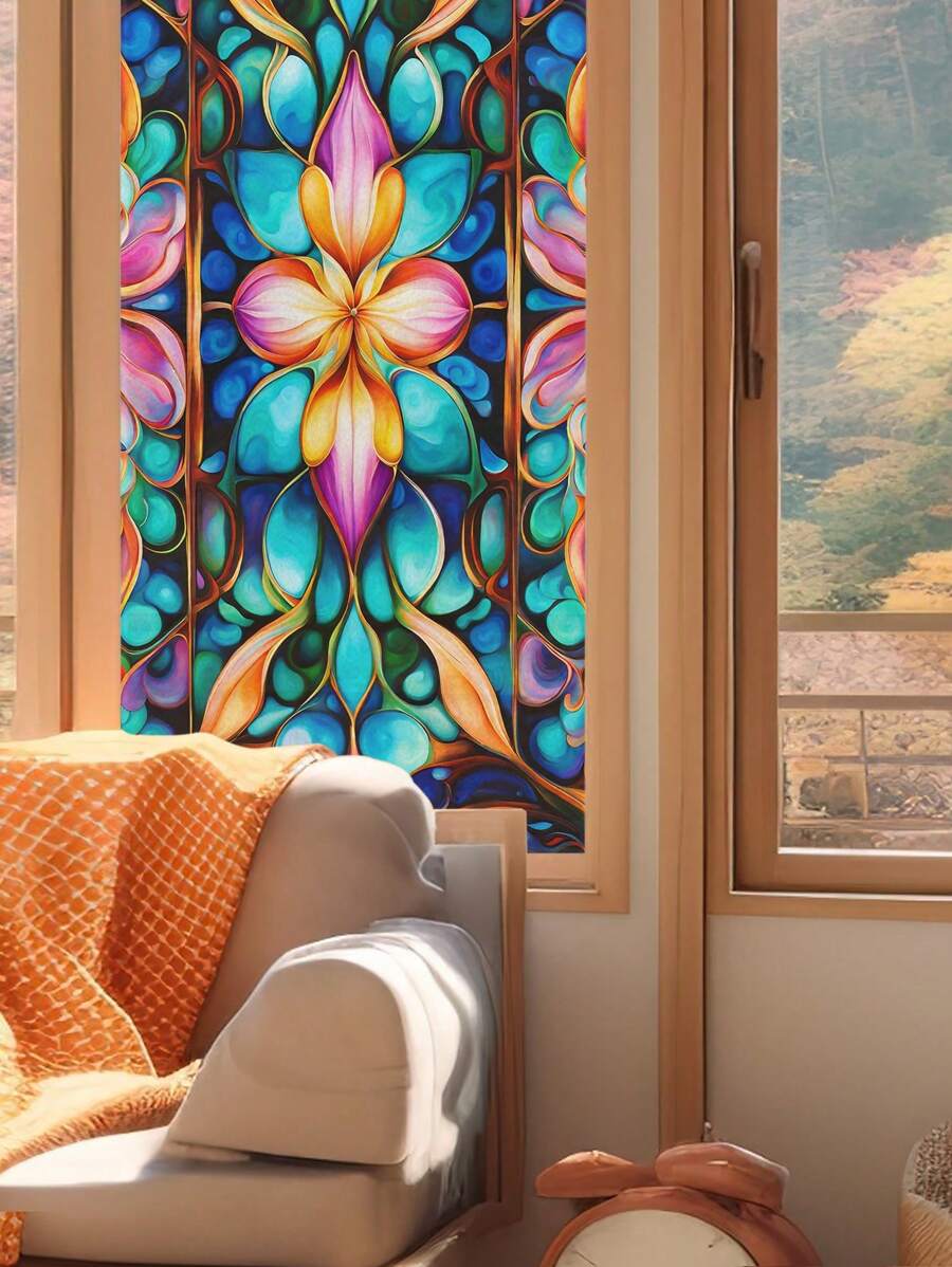 1 Roll Of Retro Frosted Thickened (Thickness/0.24mm) Romantic And Gorgeous Flower Symmetrical Brilliant Color Interweaving Colorful Mysterious DIY Home Decoration, No Glue Static Adsorption, Semi Transparent Insulation, Light Shielding, Sun Protection Suitable For Window Stickers On Home Bathroom Doors, 3D Colored Glass Film, Glass Stickers Room Decor Wall Decor Personalized Wall Stickers
