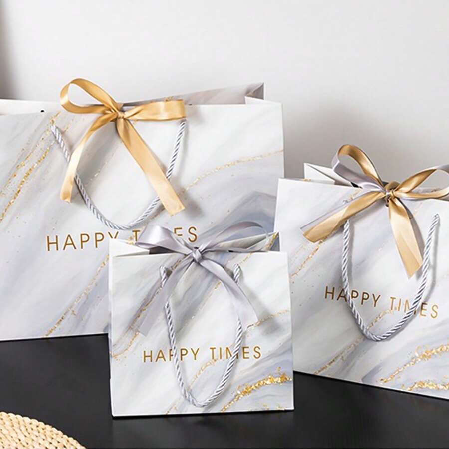1pc INS Style Gift Bag With Dual Color Ribbon & Marble Pattern, Tote Bag For Gifts, Suitable For Valentine's Day, Presents, Shopping, Snacks, Apparel