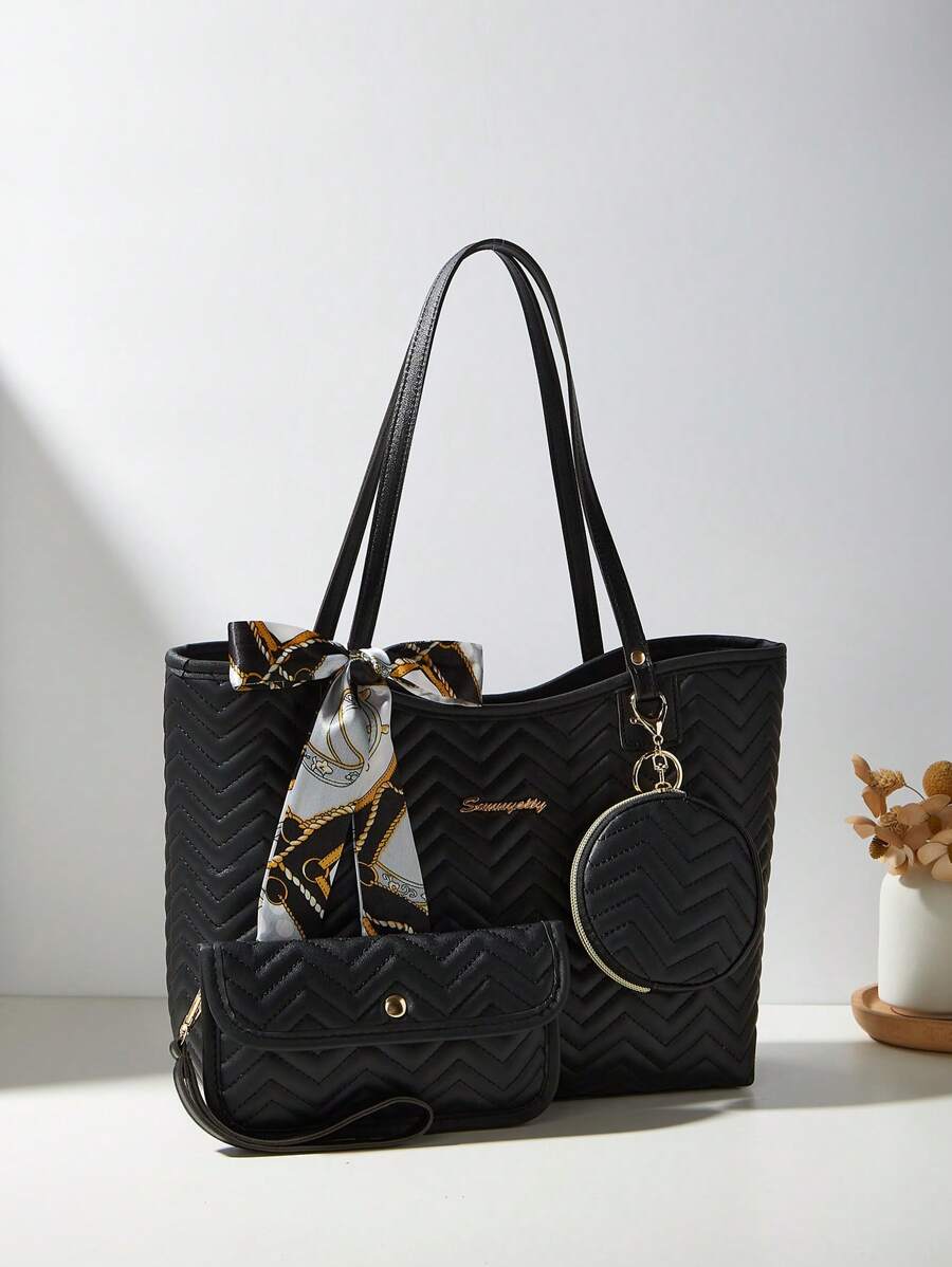 Set de 3 piezas para mujer que incluye: pañuelo, bolso de mano, bolso de hombro y cartera con diseño acolchado