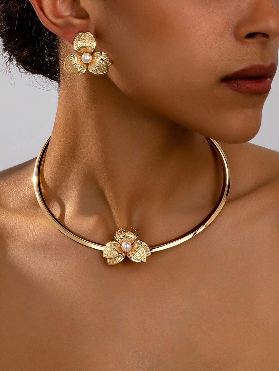 1 Set Women Jewelry Set, Flower Simple Fashion Necklace & Earring Studs, Suitable For Daily Wear And Gift Giving