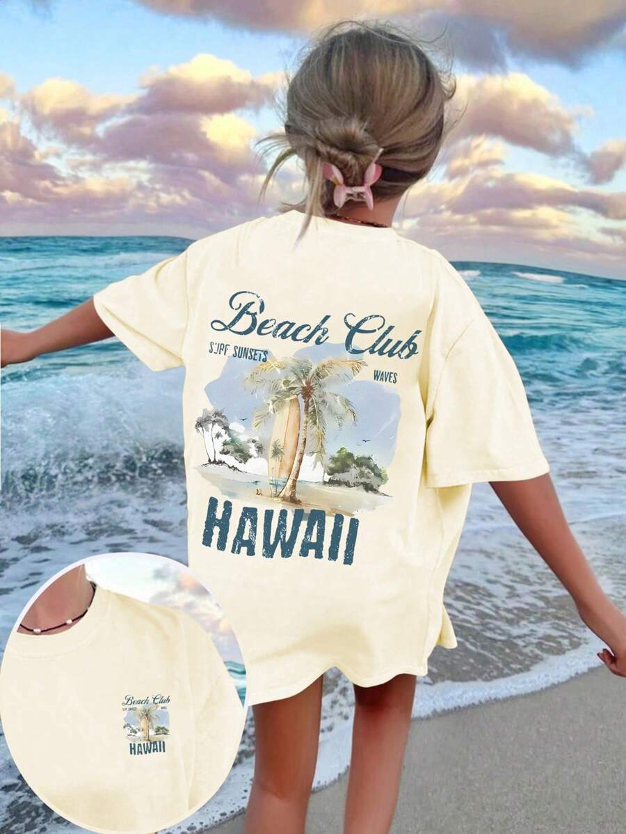 Camiseta de cuello redondo de manga corta con estampado gráfico informal para niñas preadolescentes, blusas de verano